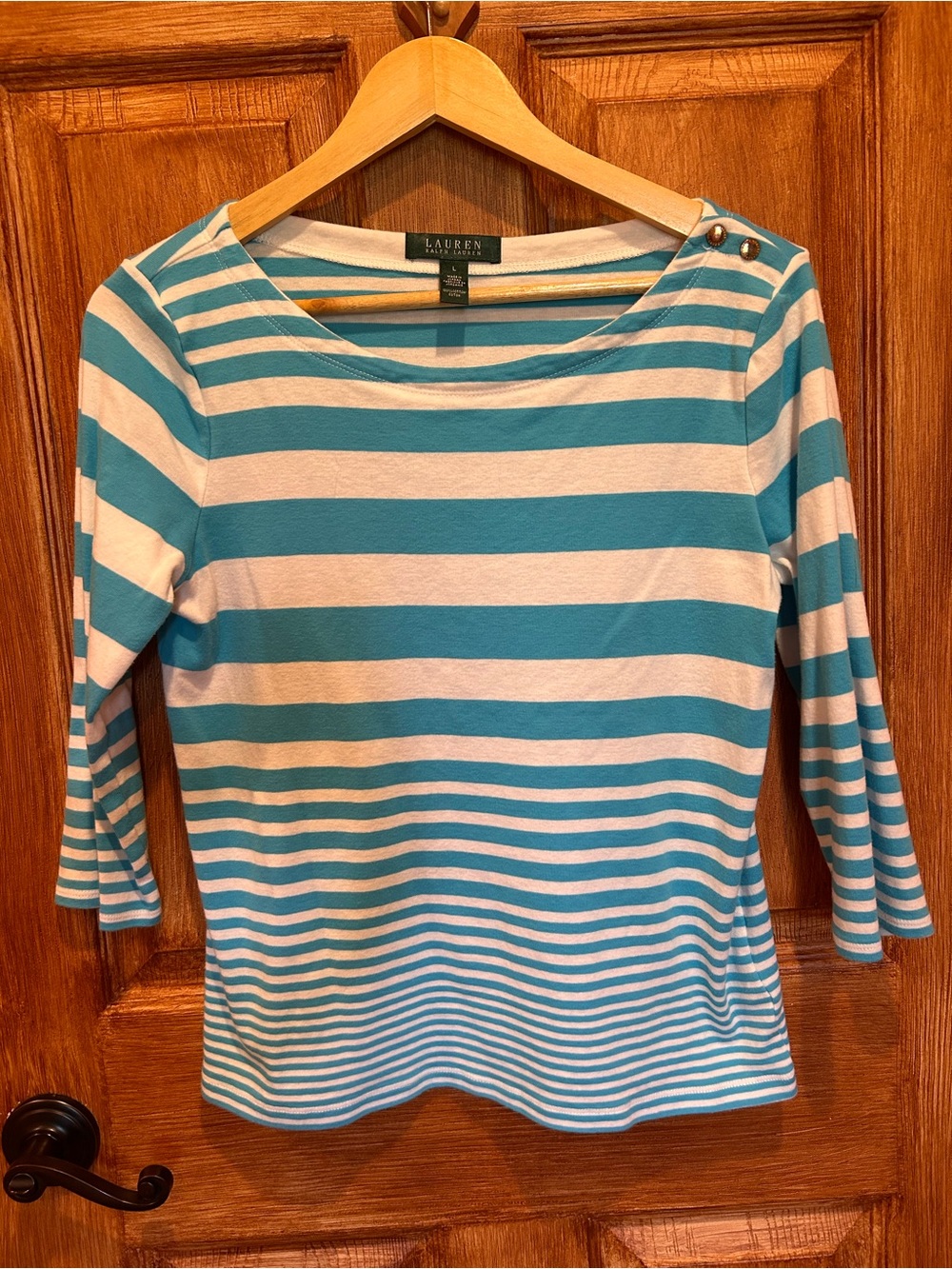 Lauren Ralph Lauren Teal & White Striped Boatneck Long Sleeve Top